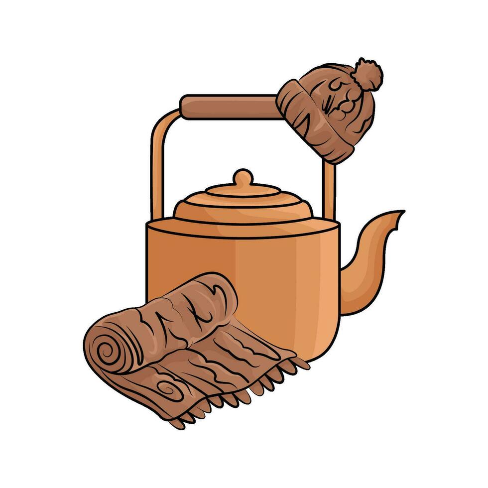 teapot drink, shawl with beanie illustration vector