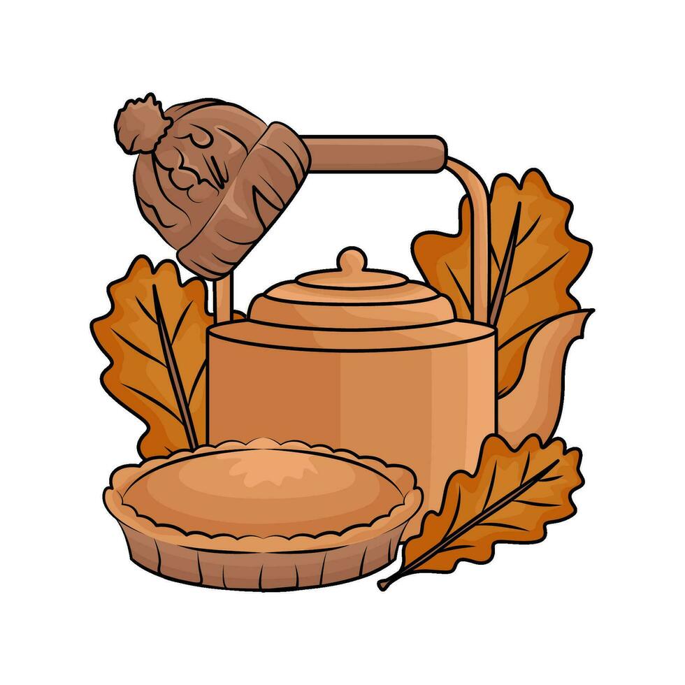 teapot drink  with pie autumn  illustration vector