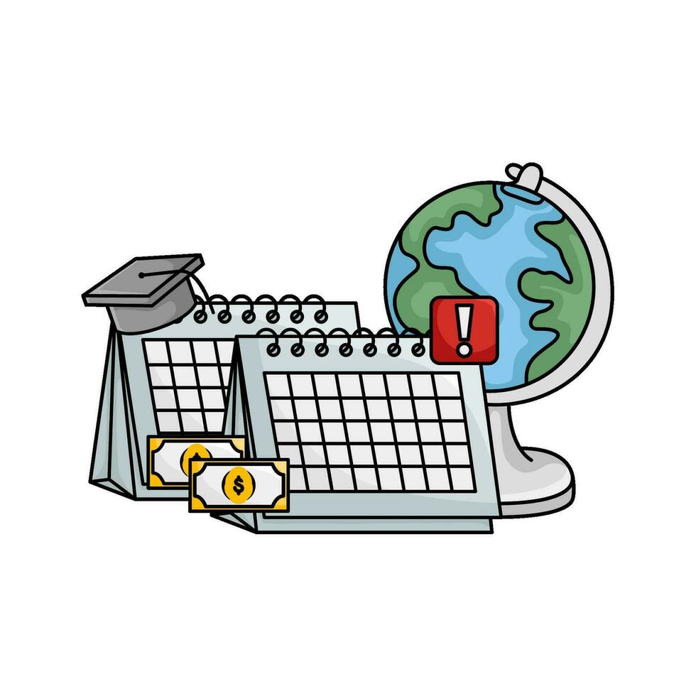 toga hat graduation in calendar, money, exlamation mark with globe illustration vector