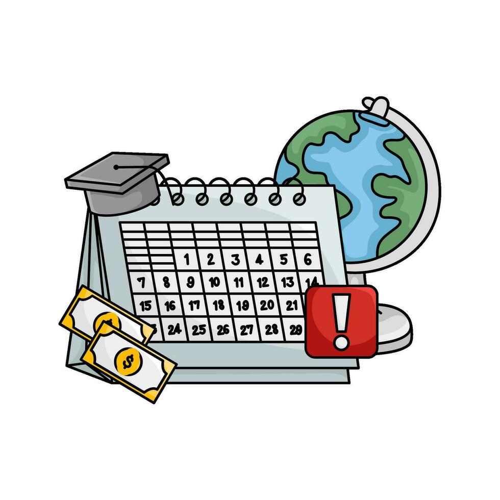 toga hat graduation in calendar, money, exlamation mark with globe illustration vector