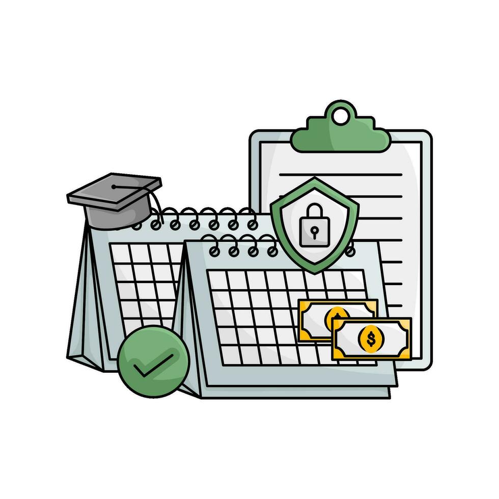 toga hat graduation in calendar, protection, check list, money with document illustration vector