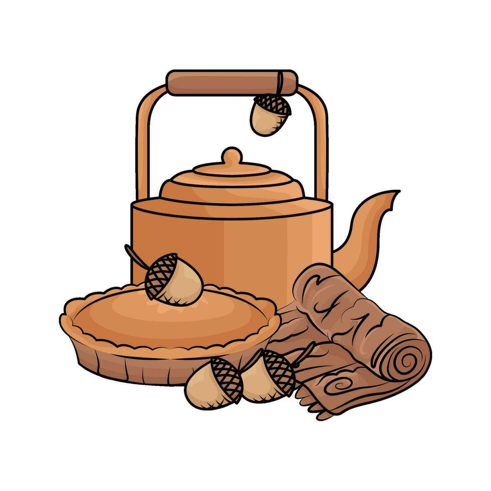 teapot drink  with pie autumn  illustration vector