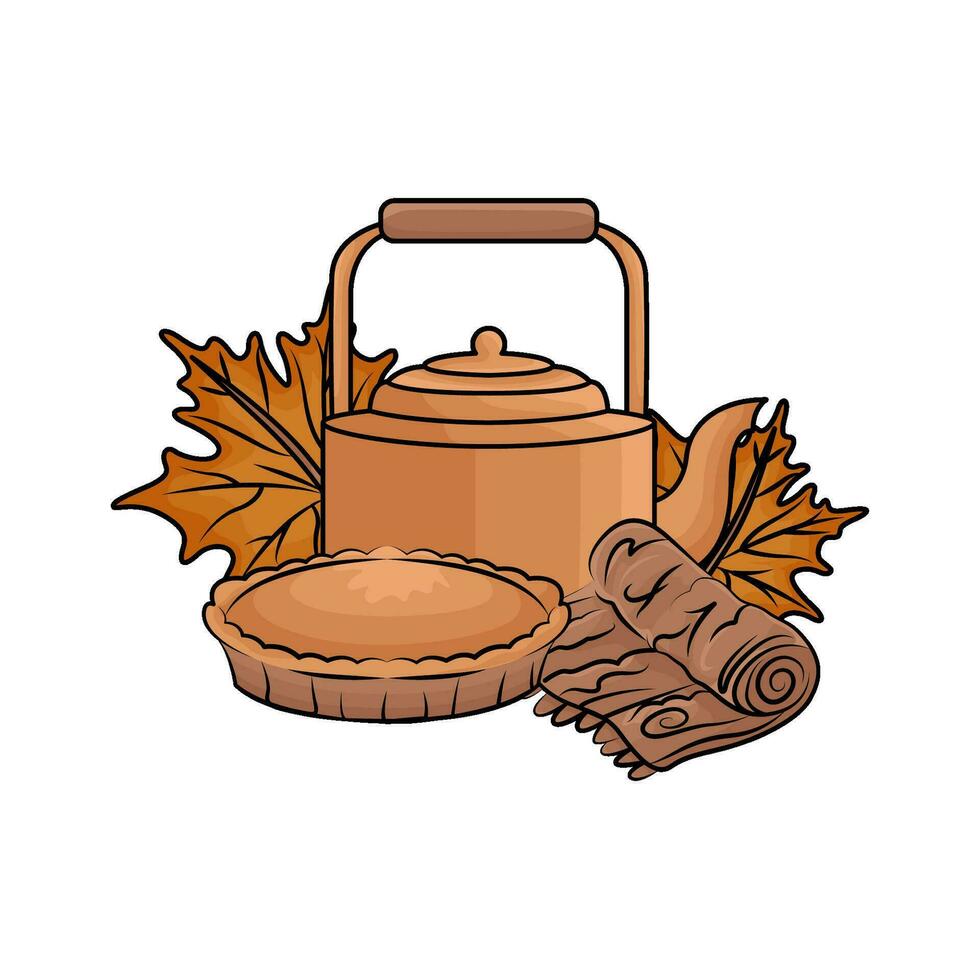 teapot drink  with pie autumn  illustration vector