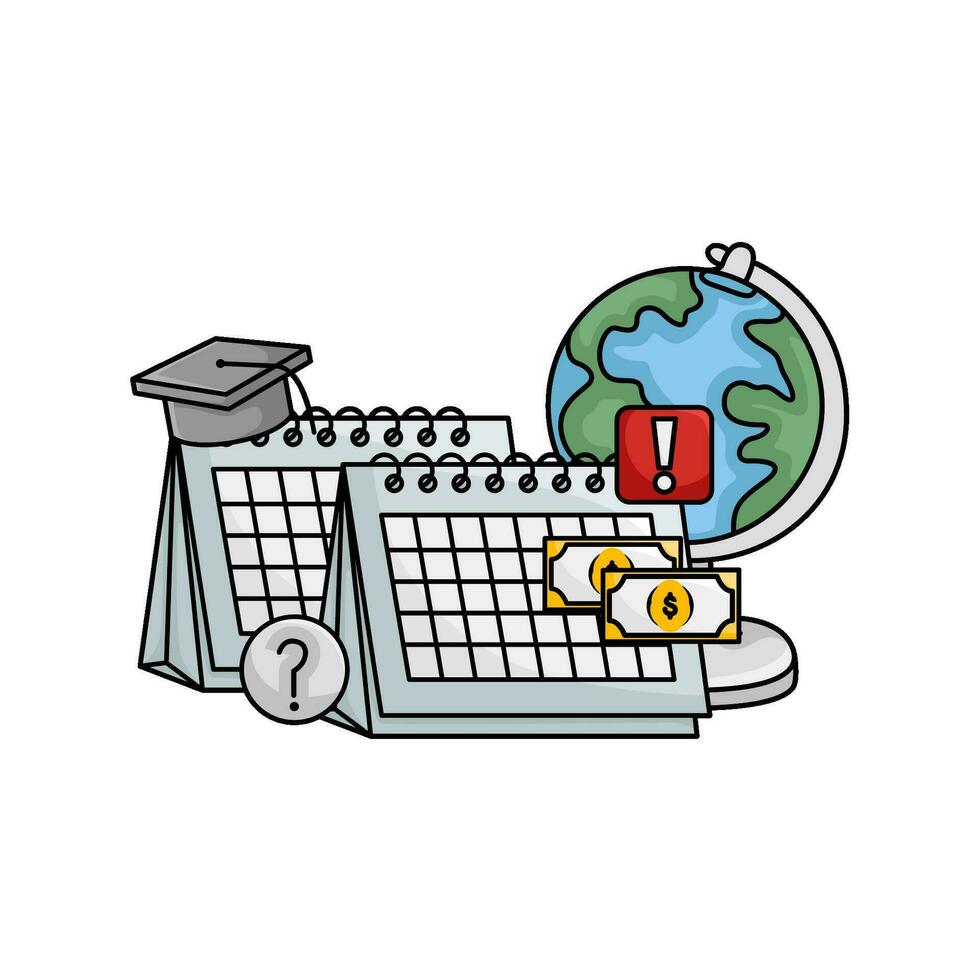 toga hat graduation in calendar, money, exlamation mark, question mark  with globe illustration vector