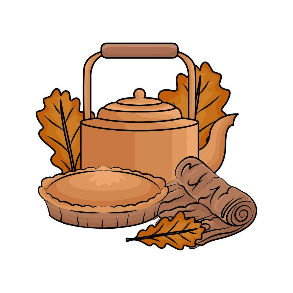 teapot drink  with pie autumn  illustration vector