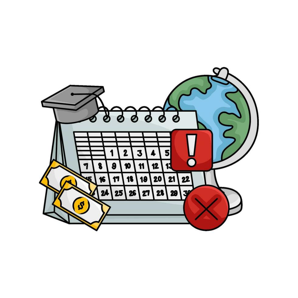 toga hat graduation in calendar, money, exlamation mark, cross with globe illustration vector