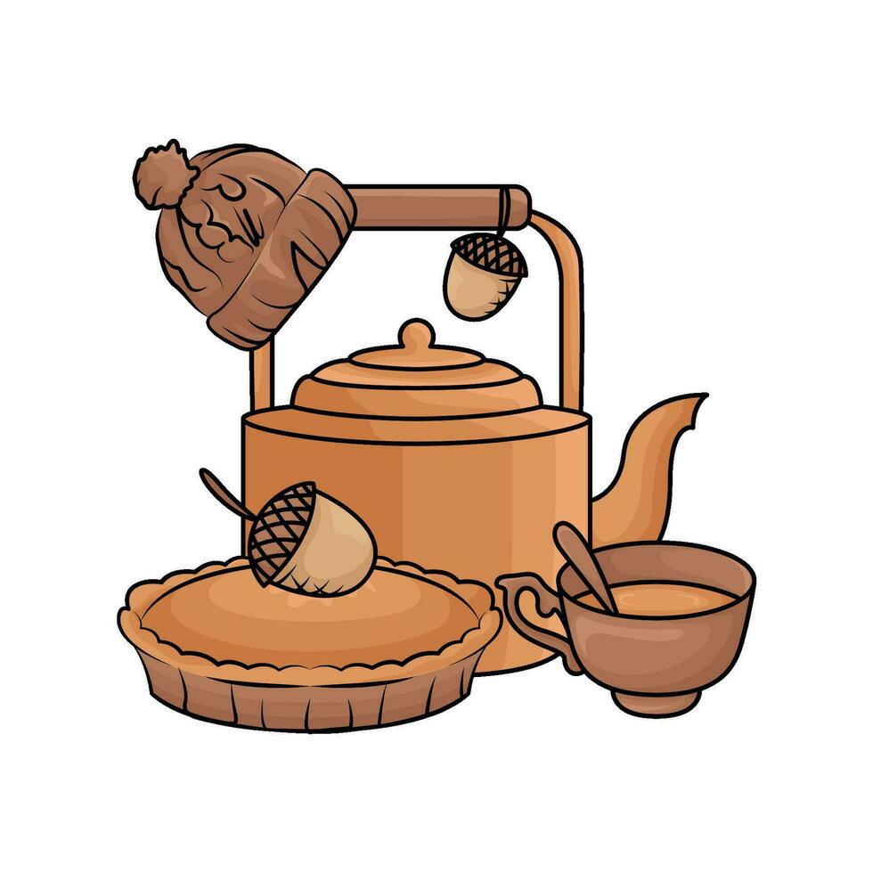 teapot drink  with pie autumn  illustration vector