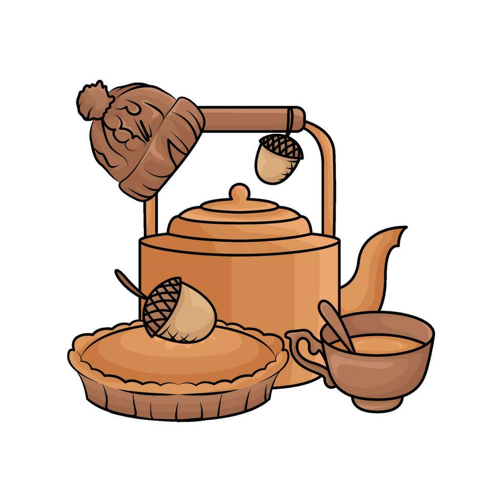 tetera bebida con tarta otoño ilustración vector