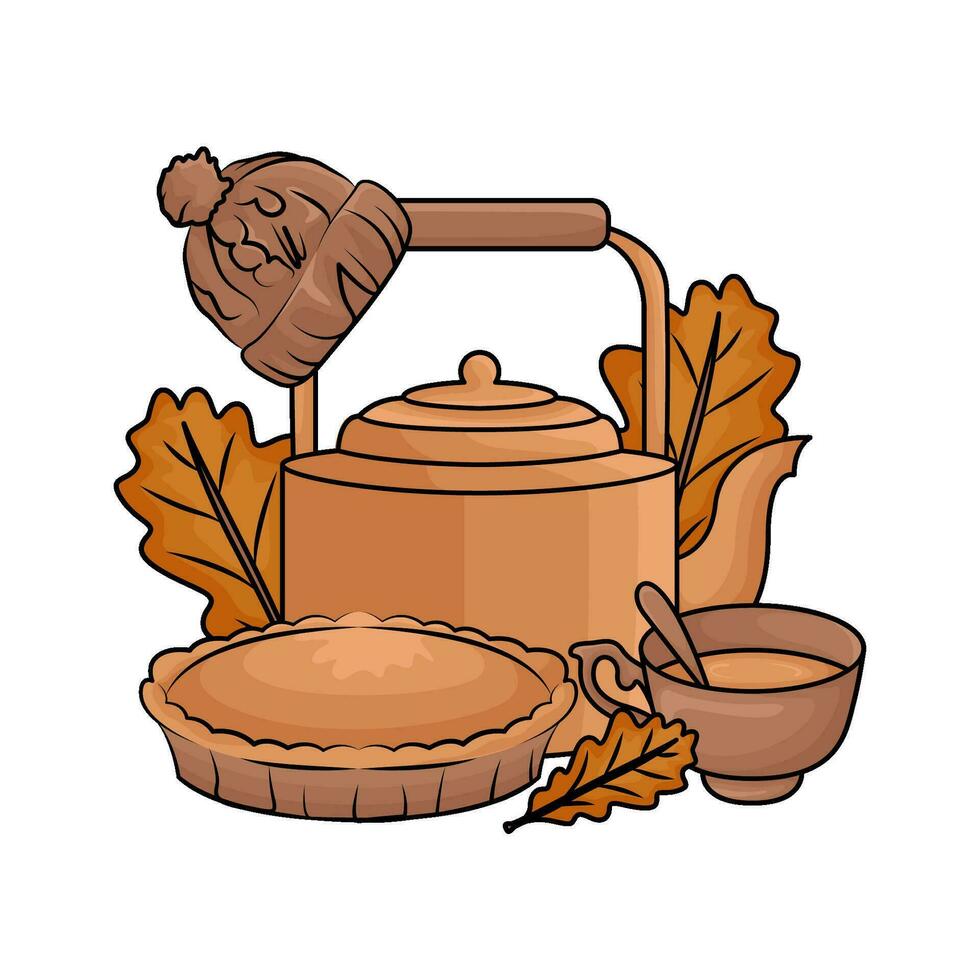 teapot drink  with pie autumn  illustration vector