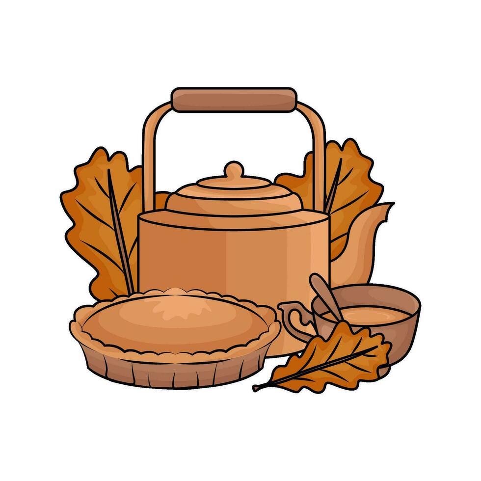 tetera bebida con tarta otoño ilustración vector