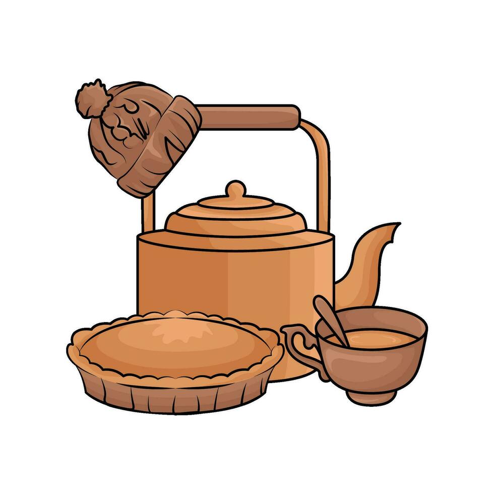 teapot drink  with pie autumn  illustration vector