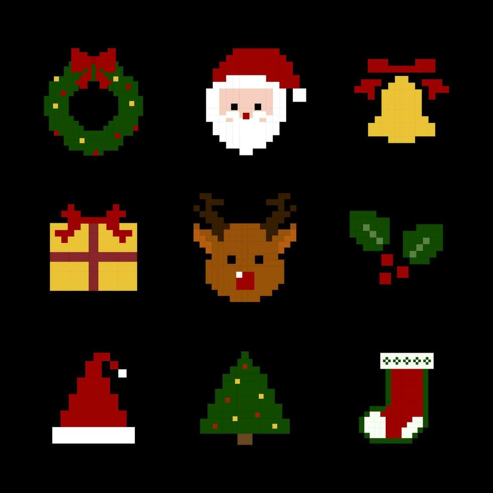 Set of Christmas Decorations pixel art style on black background vector