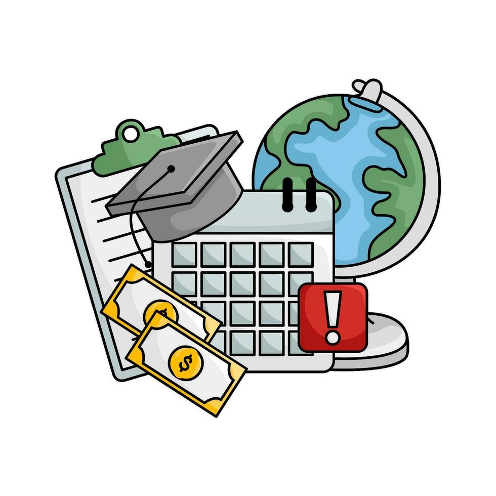 toga hat graduation in calendar, money, document, globe with exlamation mark illustration vector