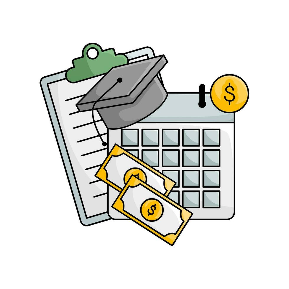 toga hat graduation in calendar, money, document with money in button illustration vector