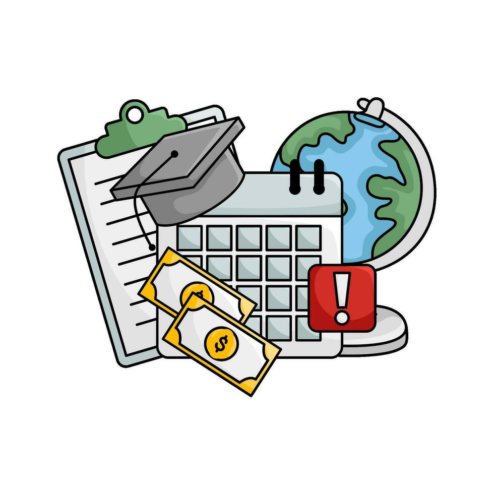 toga hat graduation in calendar, money, document, globe with exlamation mark illustration vector
