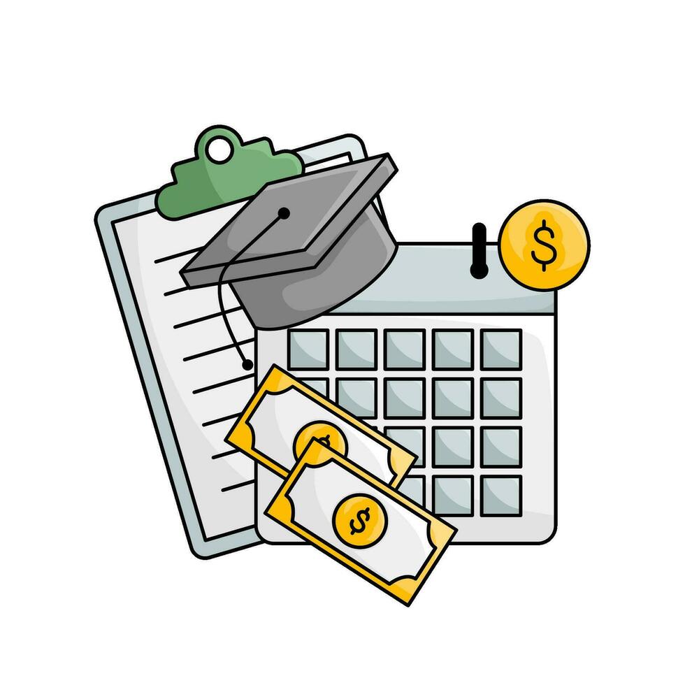 toga hat graduation in calendar, money, document with money in button illustration vector