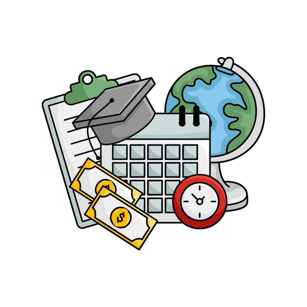 toga hat graduation in calendar, money, clock time, document with globe illustration vector