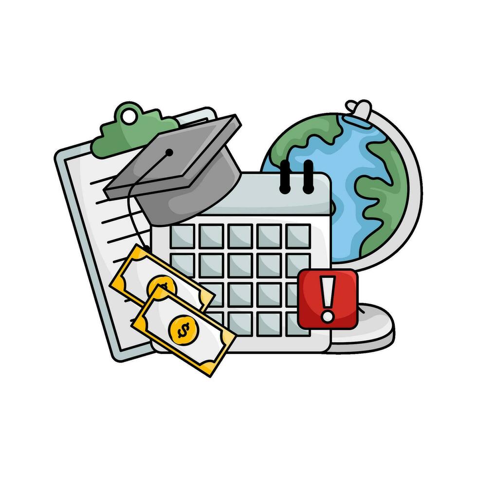 toga hat graduation in calendar, money, document, globe with exlamation mark illustration vector