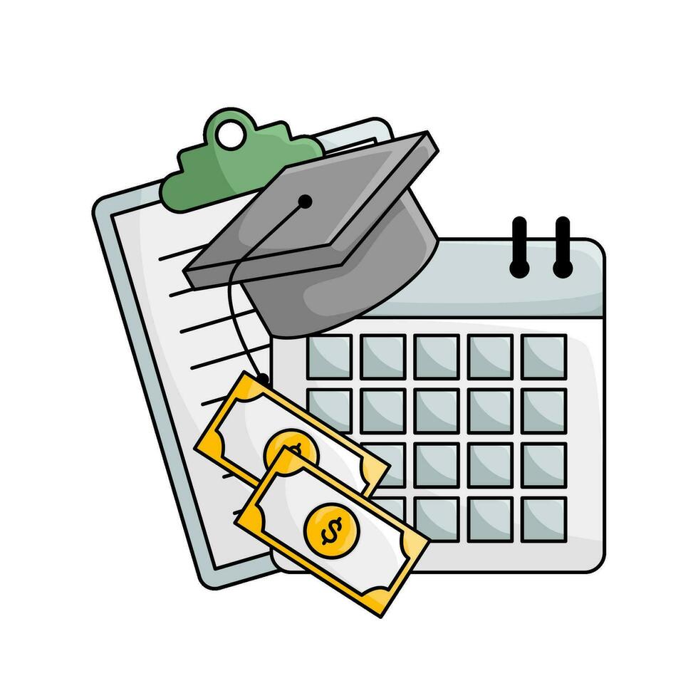 toga hat graduation in calendar, money, document with globe illustration vector