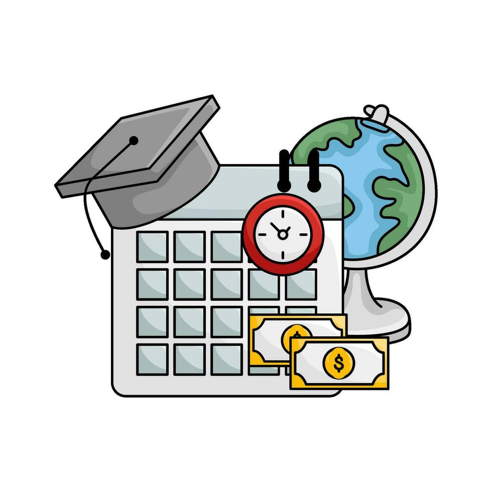 toga hat graduation in calendar, clock time, money with globe illustration vector