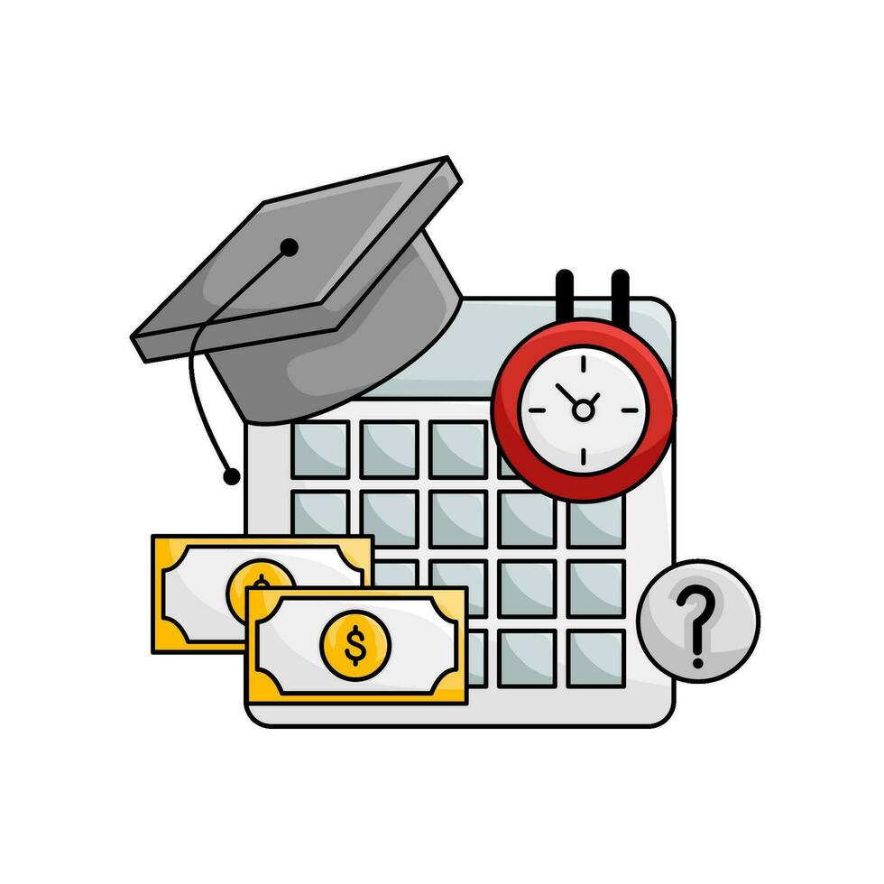 toga hat graduation in calendar, money, time with question mark illustration vector