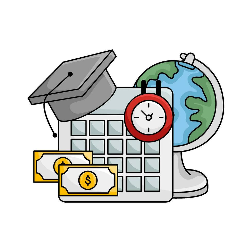 toga hat graduation in calendar, clock time, money with globe illustration vector