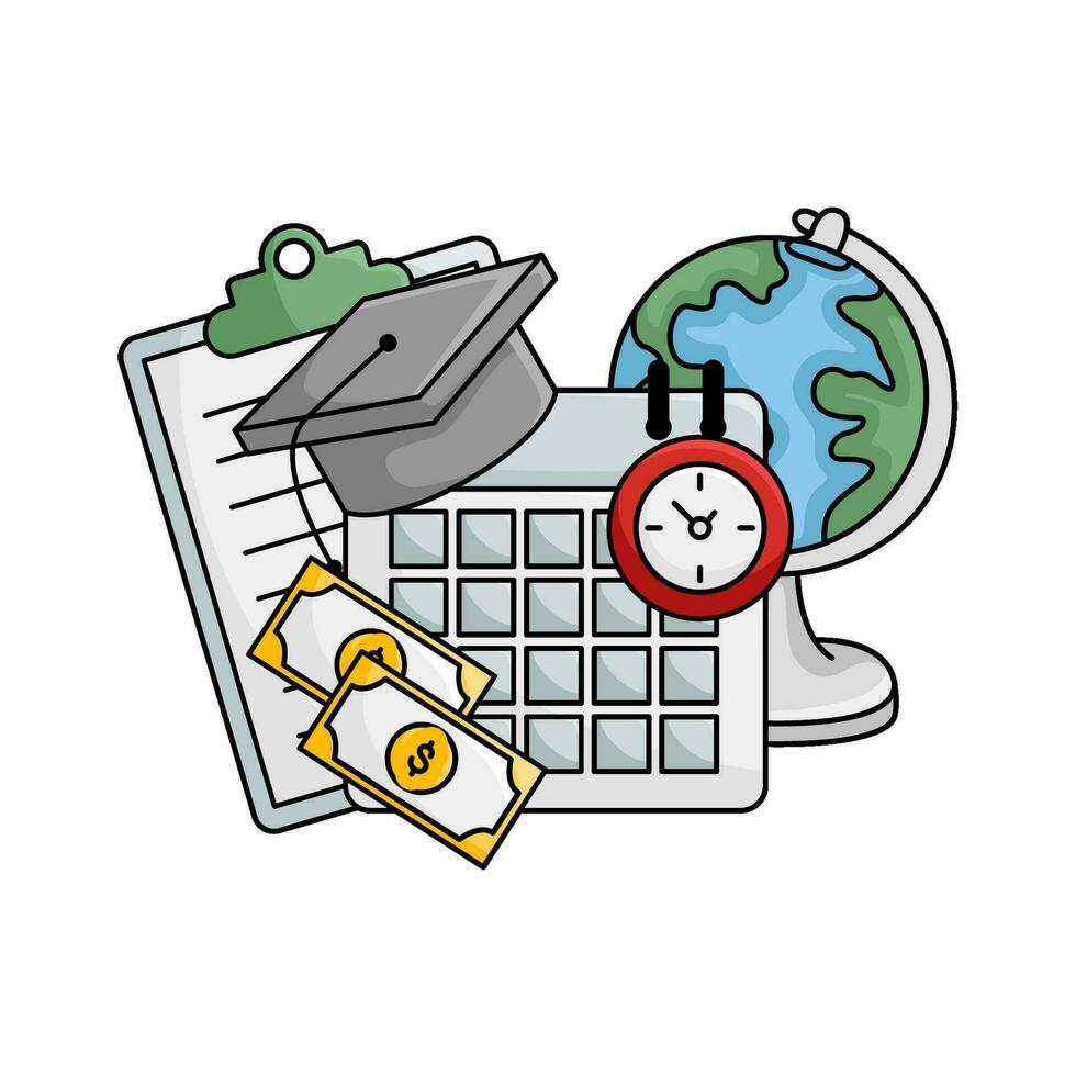 toga hat graduation in calendar, money, clock time, document with globe illustration vector