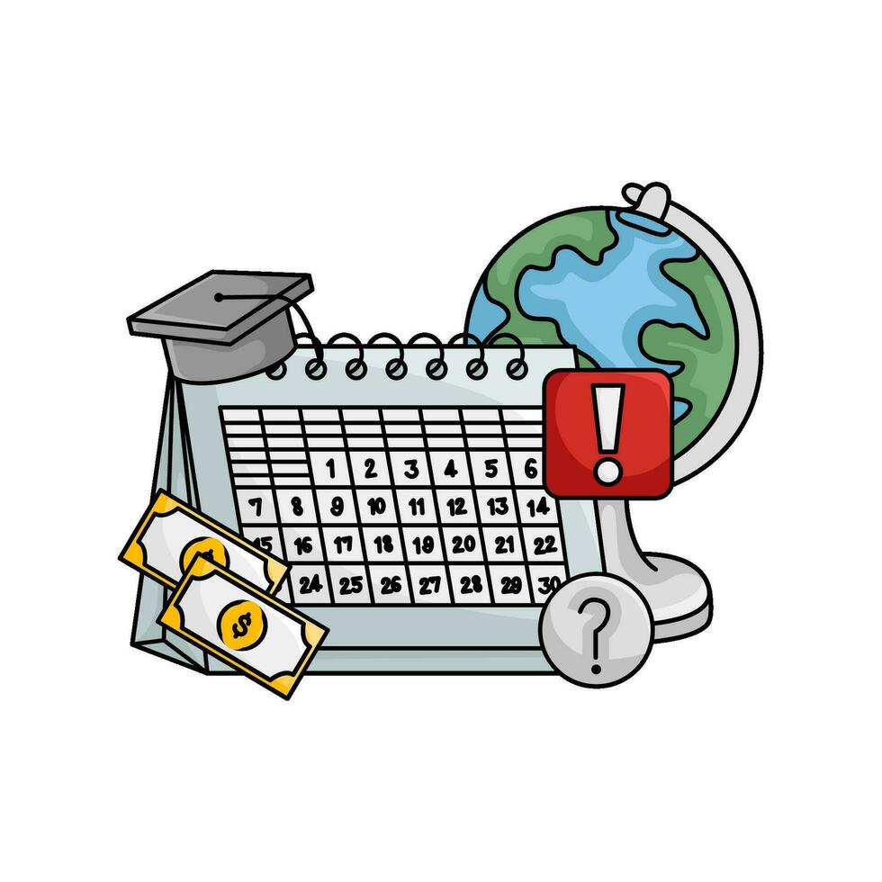 toga hat graduation in calendar, money, question mark, exlamation mark with globe illustration vector