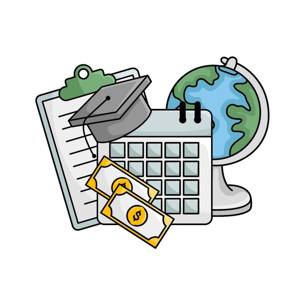 toga hat graduation in calendar, money, document with globe illustration vector