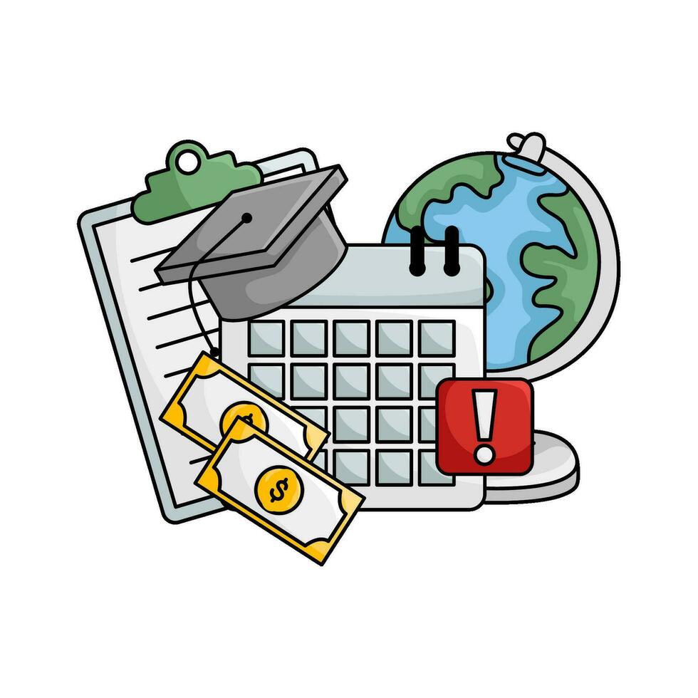 toga hat graduation in calendar, money, document, globe with exlamation mark illustration vector
