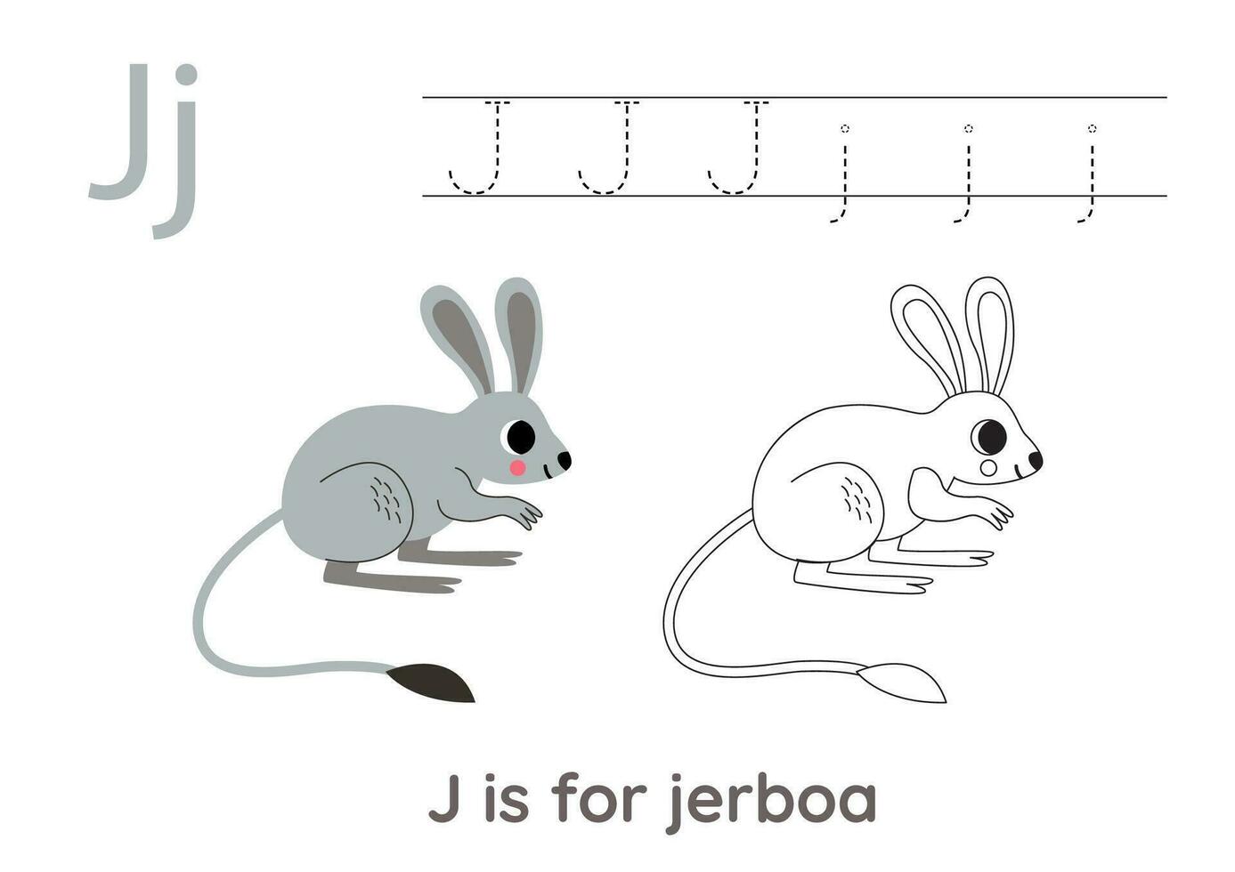 Alphabet tracing worksheet with letter J. Coloring page with cute cartoon jerboa.  Handwriting practice for kids. vector