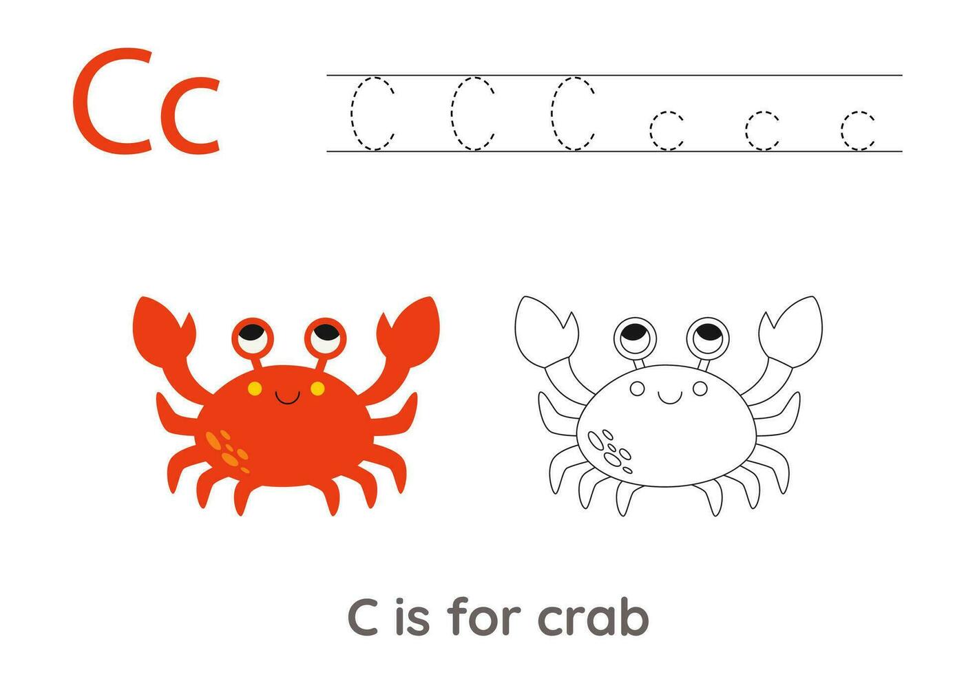 Tracing alphabet letters with cute animals. Color cute red crab. Trace letter C. vector