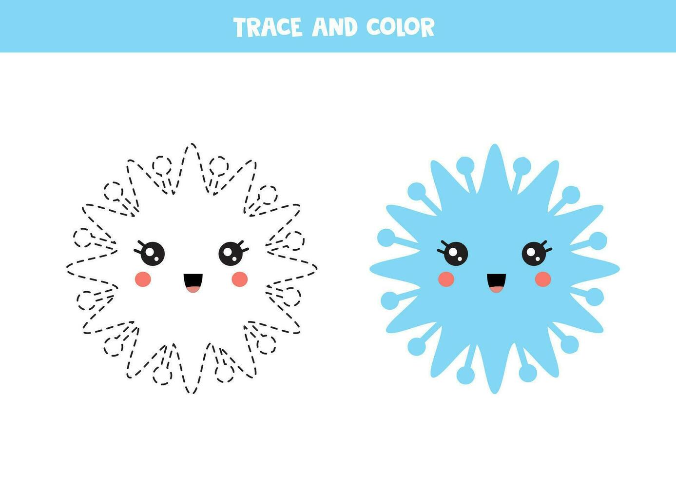 Trace and color cartoon blue smiling snowflake. Worksheet for children. vector