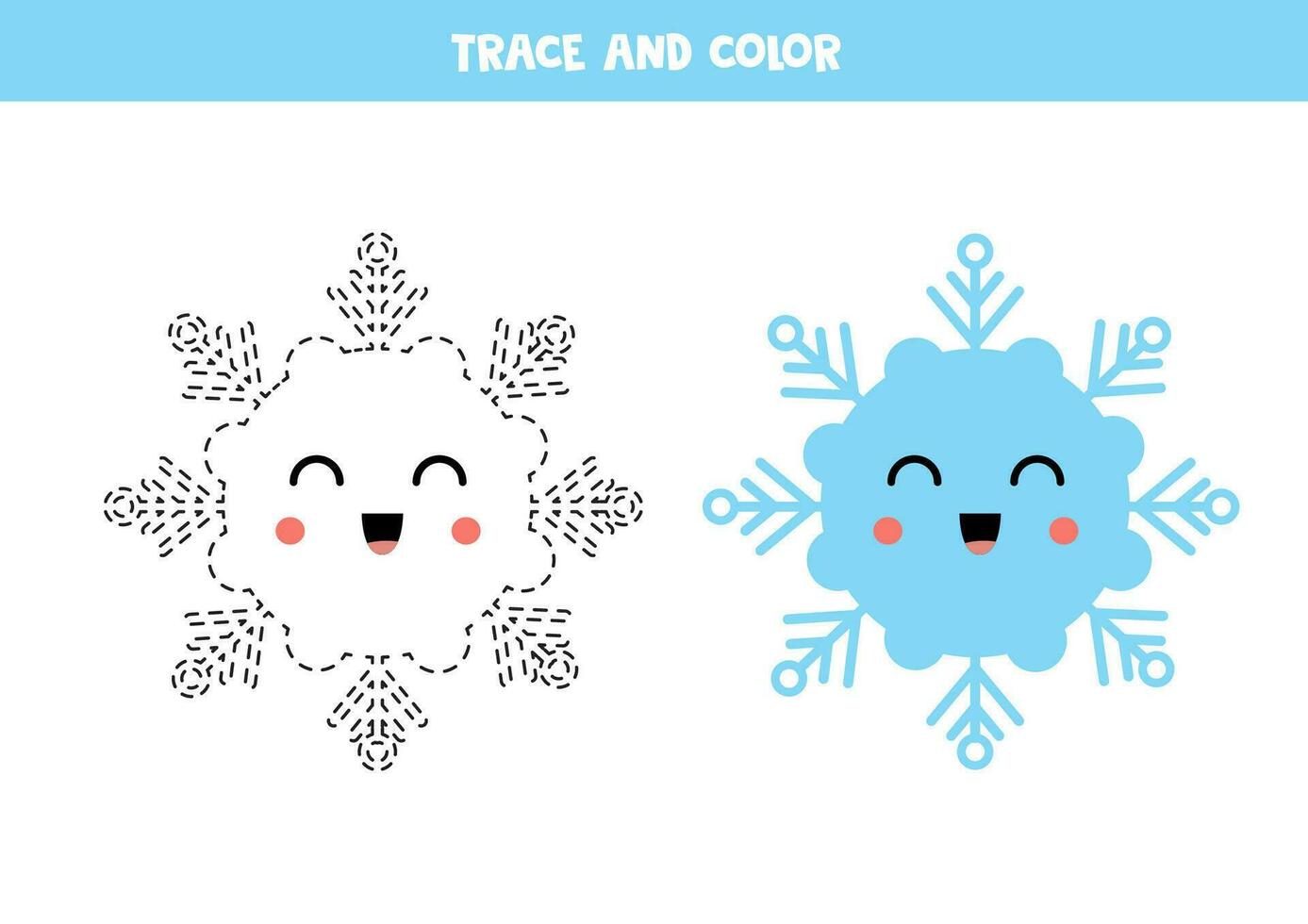 Trace and color cartoon blue smiling snowflake. Worksheet for children. vector