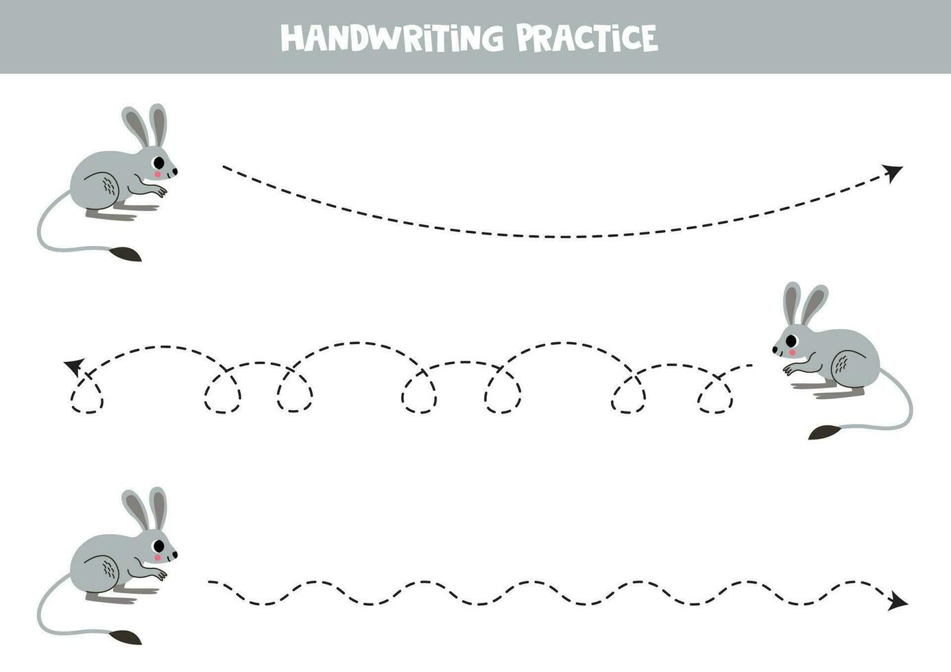 Tracing lines for kids. Cute cartoon gray jerboa. Handwriting practice. vector