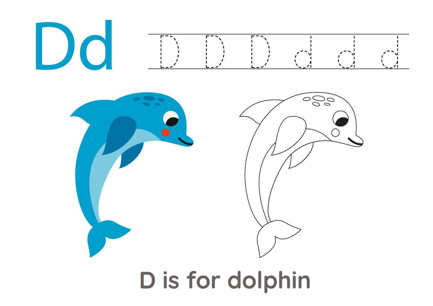 Tracing alphabet letters with cute animals. Color cute blue dolphin. Trace letter D. vector