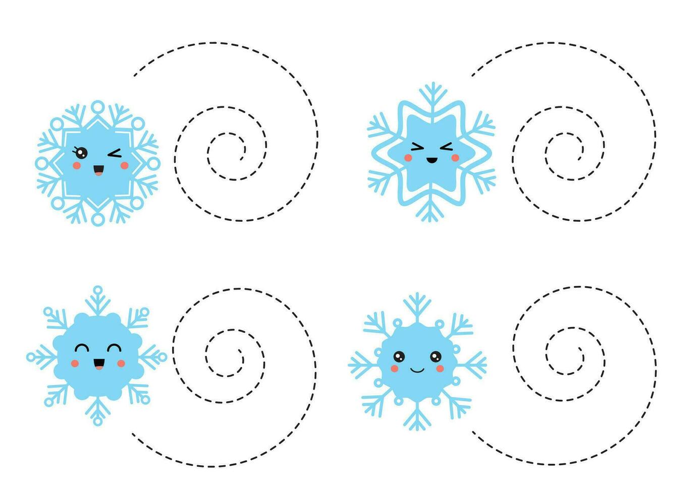 Tracing spiral lines for kids. Cute cartoon snowflakes. Handwriting practice. vector