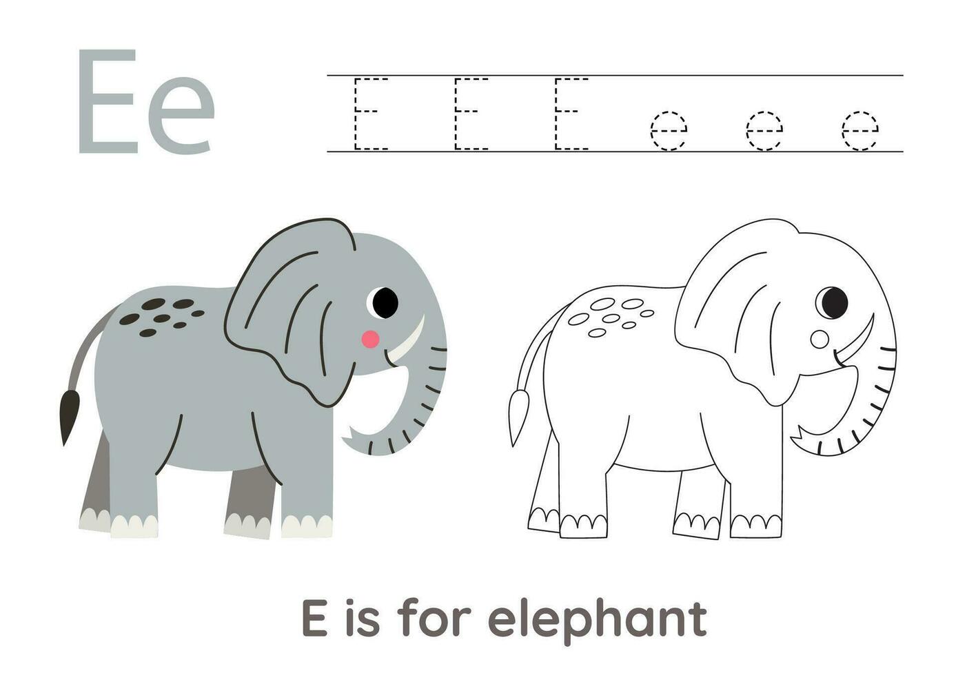 Tracing alphabet letters with cute animals. Color cute elephant. Trace letter E. vector