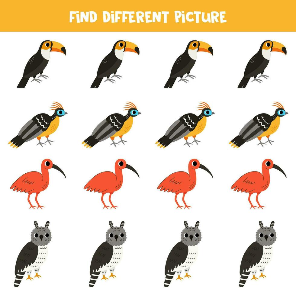 encontrar diferente sur americano pájaro en cada fila. lógico juego para preescolar niños. vector