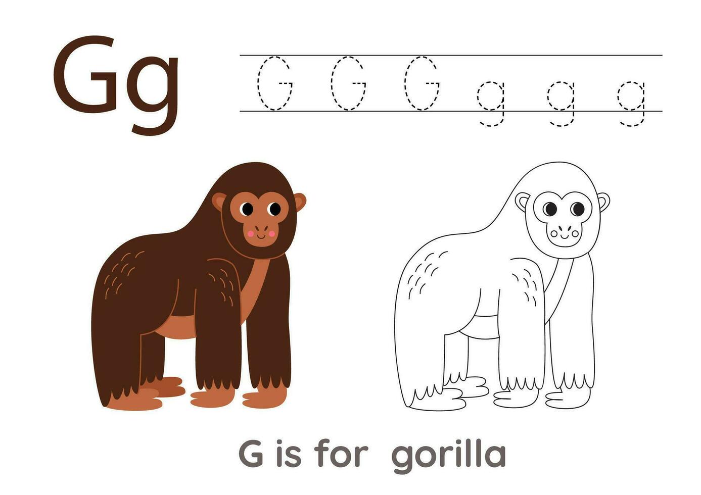 Tracing alphabet letters with cute animals. Color cute gorilla. Trace letter G. vector