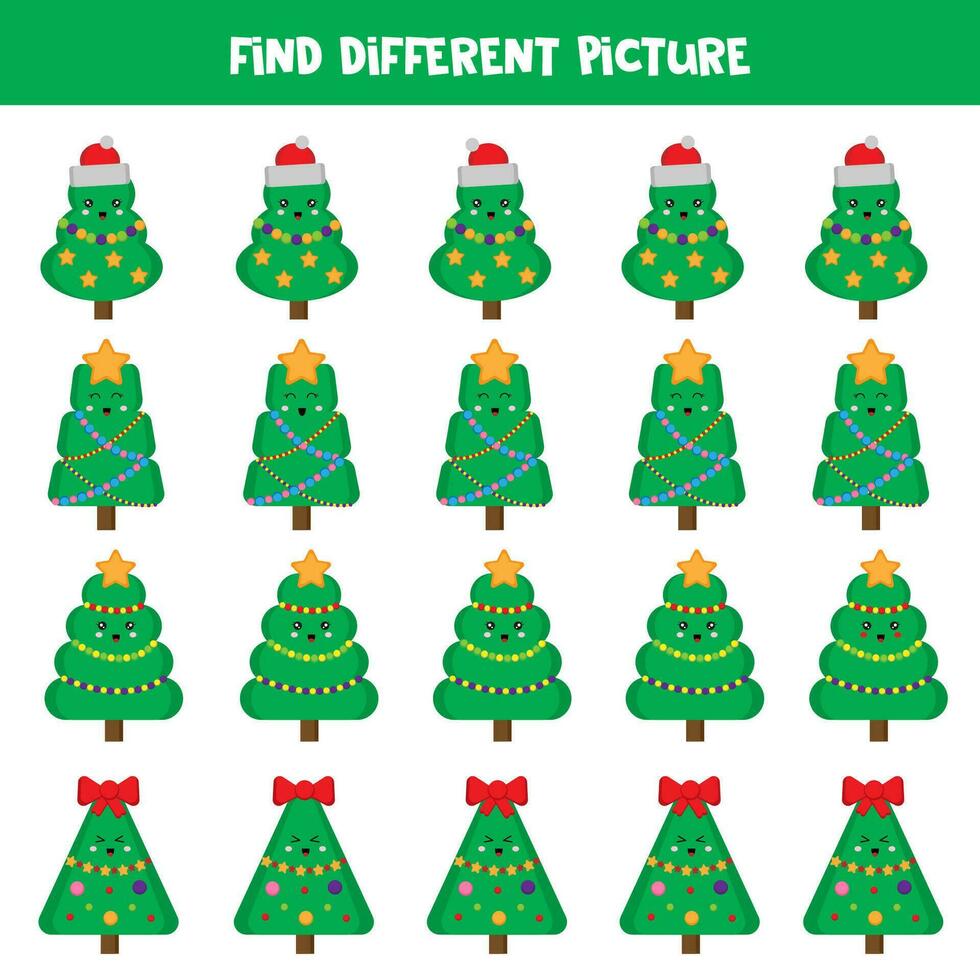 Find different Christmas tree in each row. Logical game for preschool kids. vector