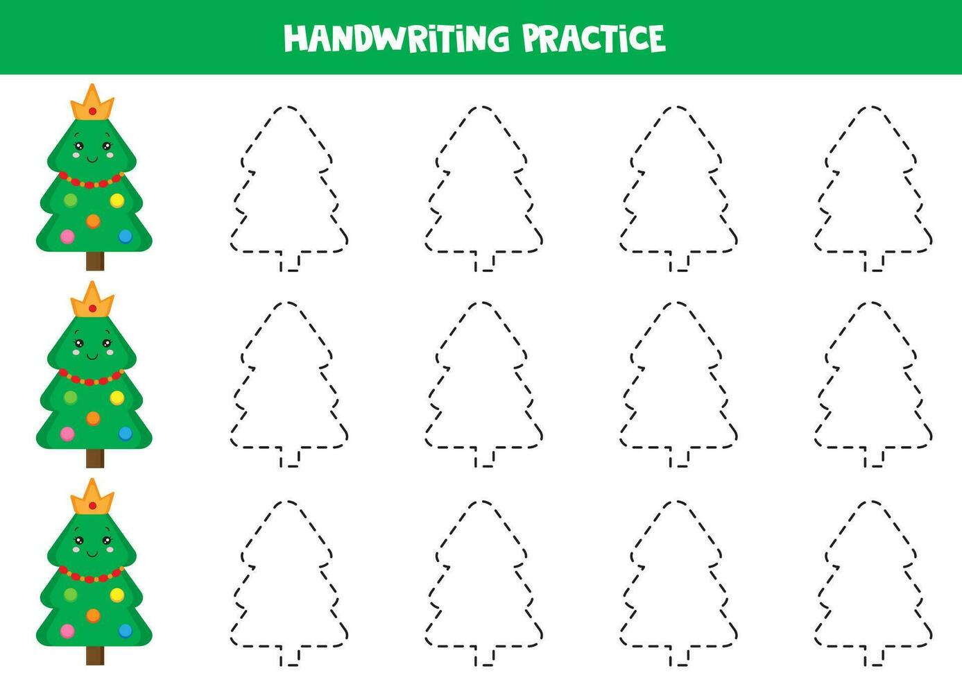 Tracing lines for kids with cute Christmas tree. Writing practice. vector