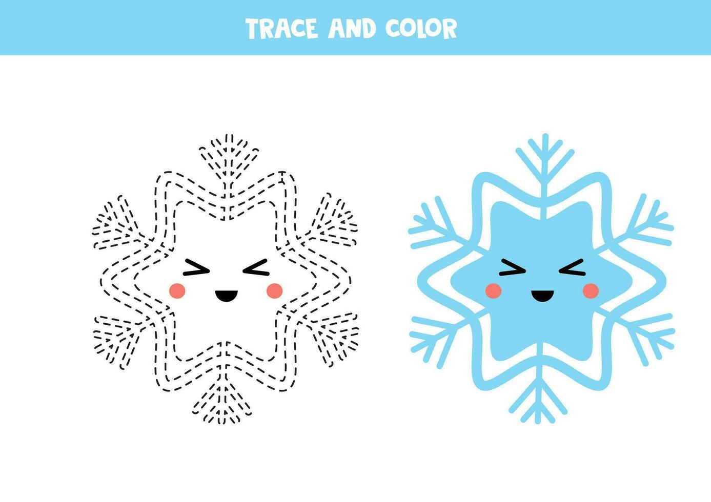 Trace and color cartoon blue smiling snowflake. Worksheet for children. vector