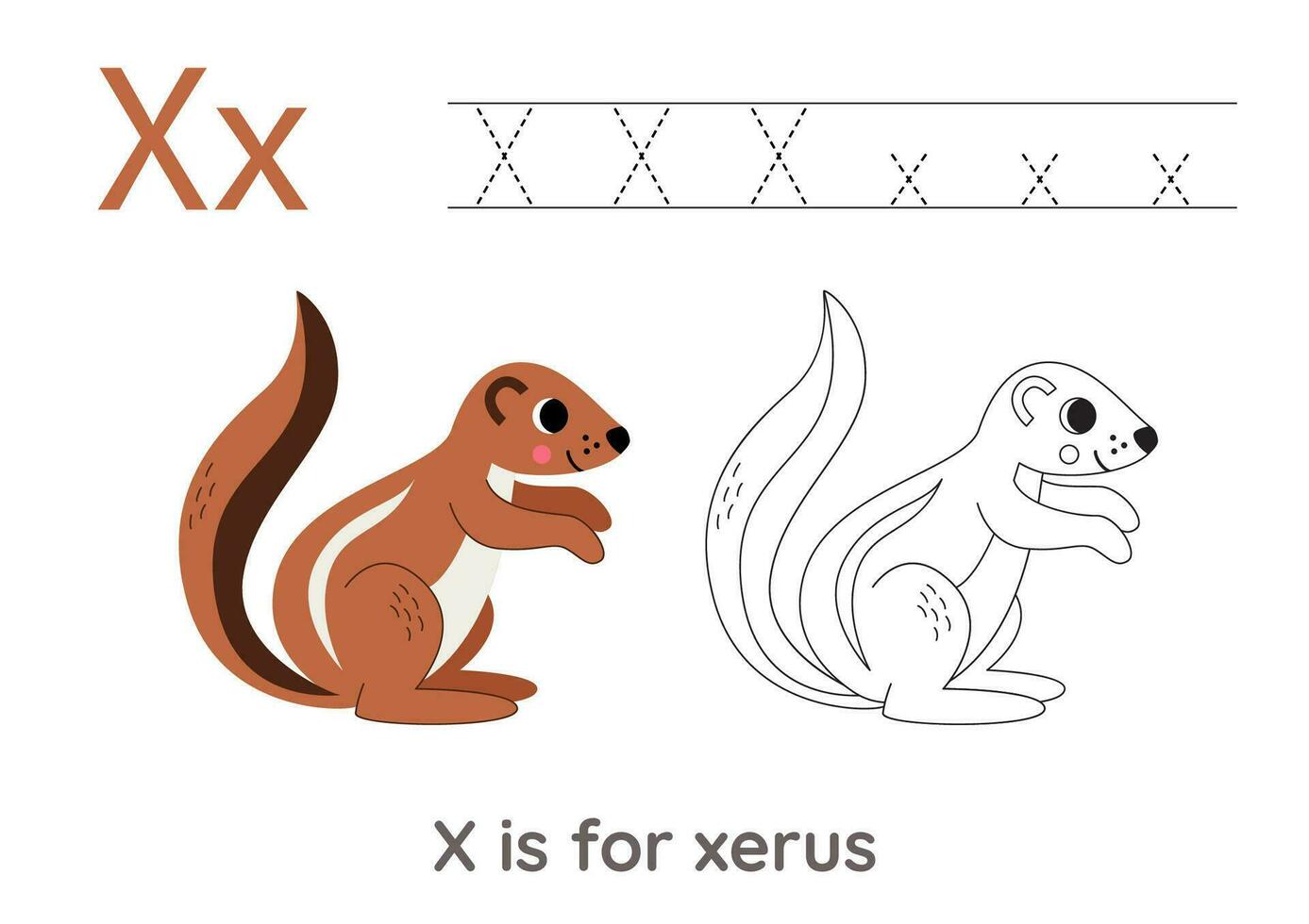 Tracing alphabet letters with cute animals. Color cute xerus. Trace letter X. vector