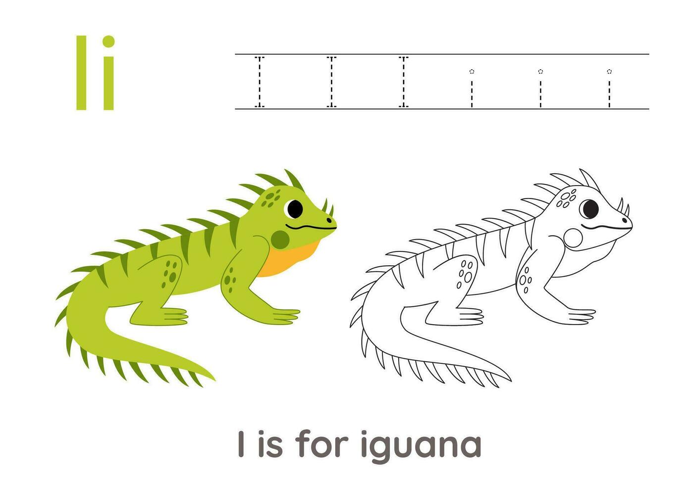 Tracing alphabet letters with cute animals. Color cute iguana. Trace letter I. vector