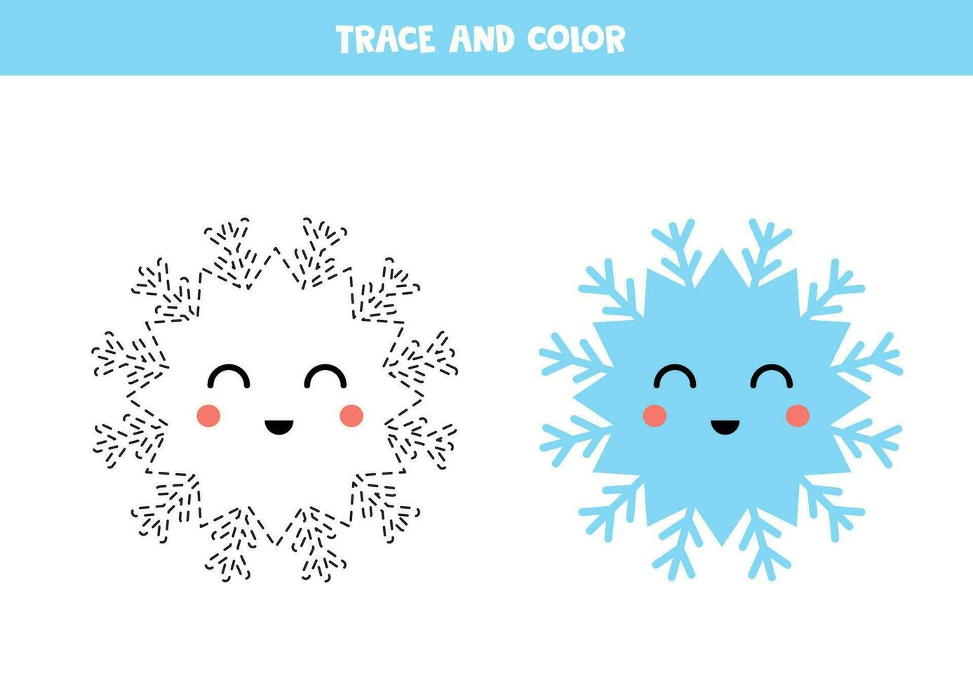 Trace and color cartoon blue smiling snowflake. Worksheet for children. vector