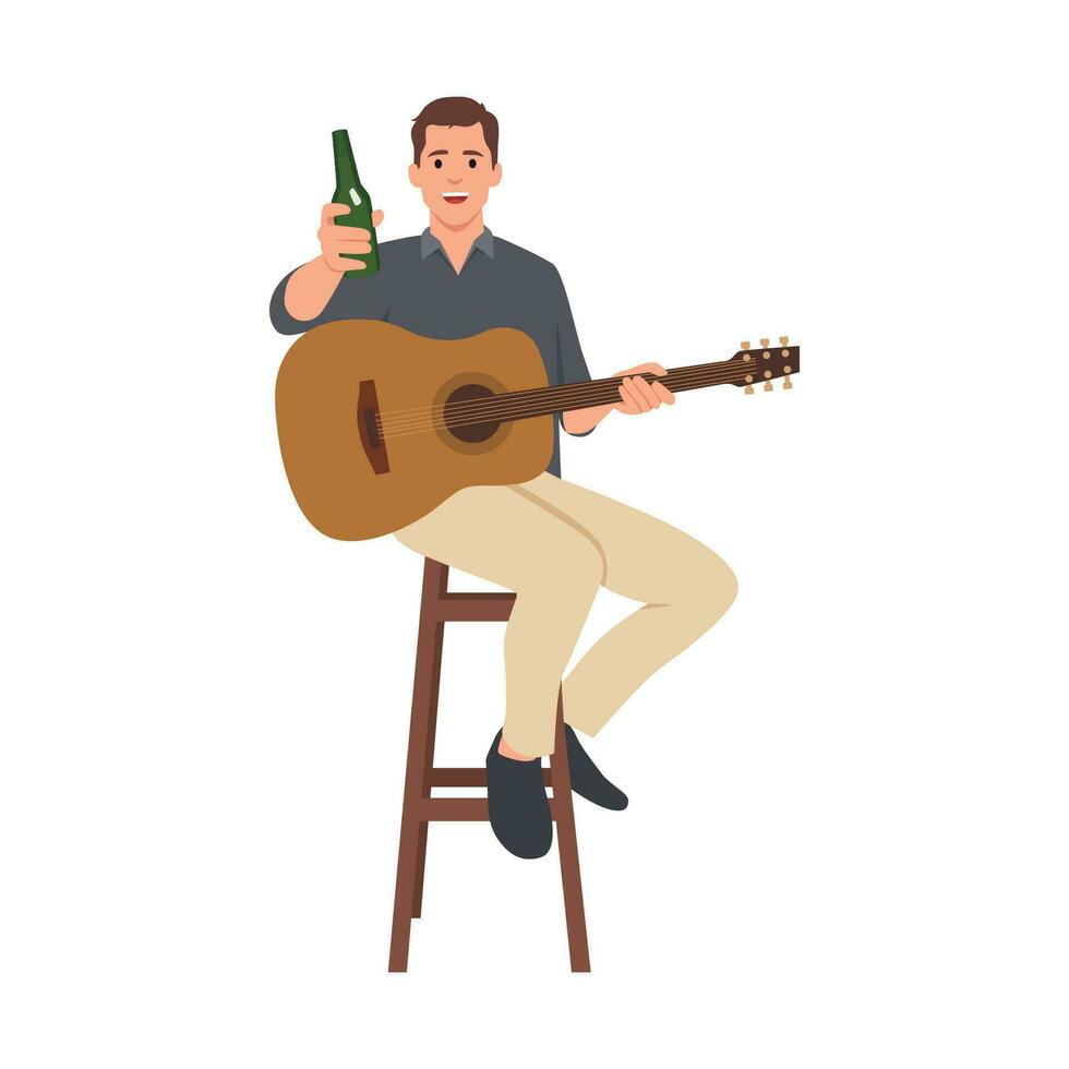 Musician play acoustic guitar and holding bottle of beer at a bar. vector