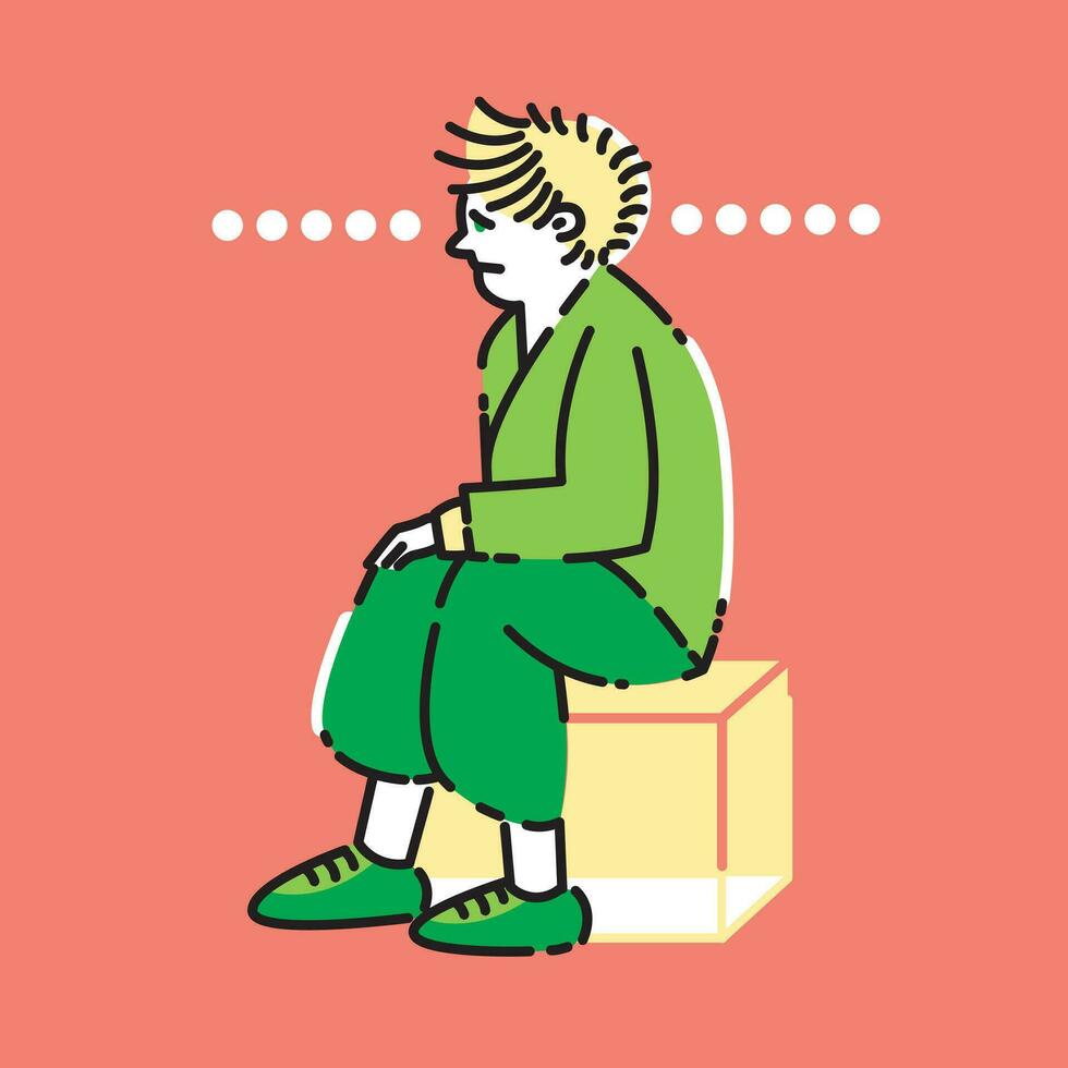un persona se sienta en un caja curioso con la mirada vacía vector