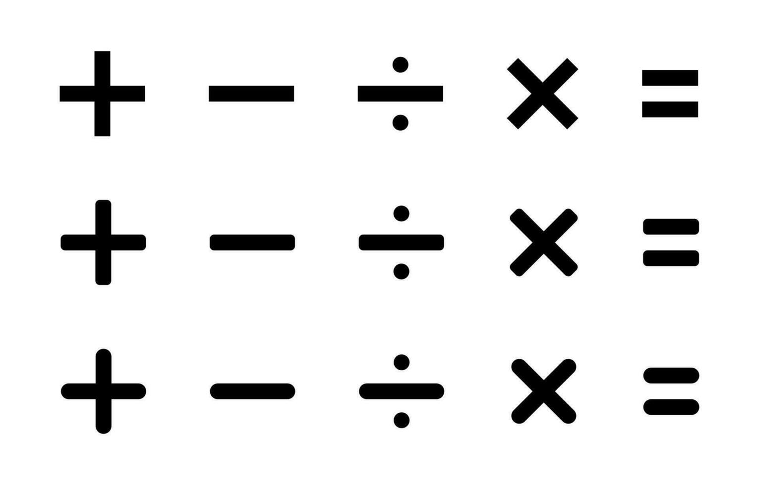 Addition, subtraction, division, multiplication, and equality icon vector. Basic mathematical symbols vector