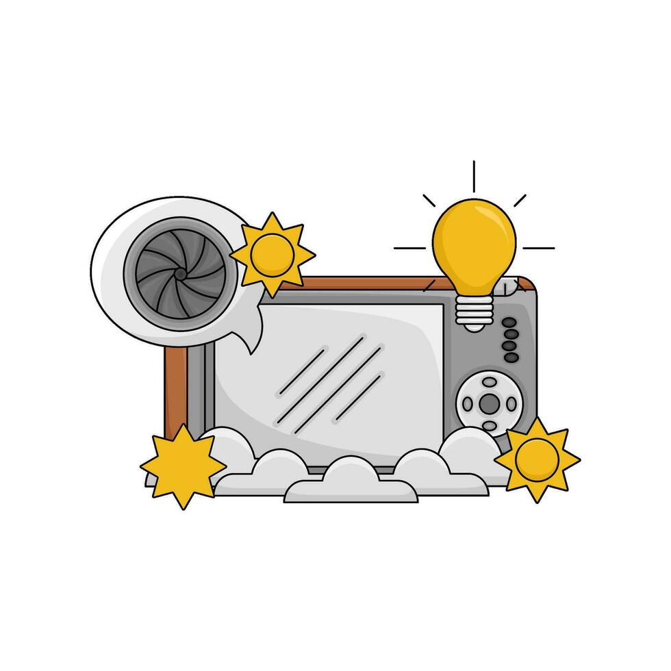camera photo, brightnes, lamp with shooter in speech bubble illustration vector
